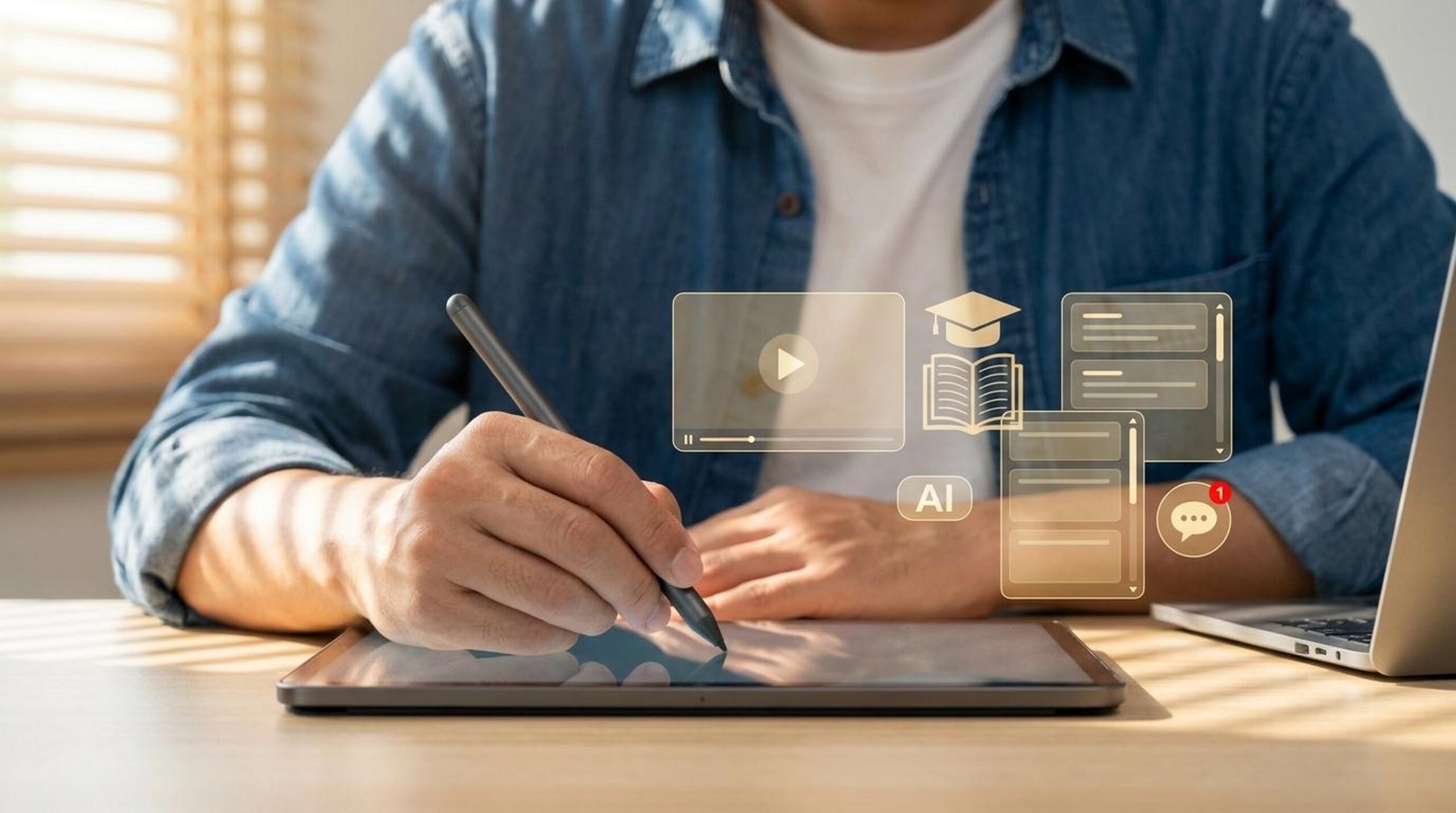 Person using tablet with education icons